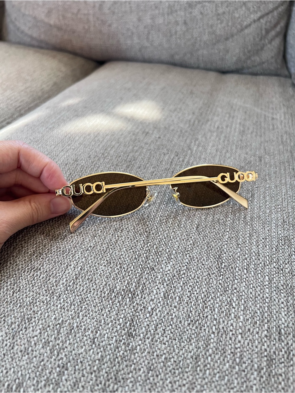 Gucci Gold Frame Brown Lens Logo Oval Sunglasses
